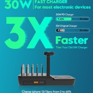 70W Charging Station For Multiple Devices, 5 In 1 Fast Charging Dock With 10W Max Wireless Charger And 4 Ports , 30W USB C PD Fast Charging For IPad, IPhone,Tablets,Kindle