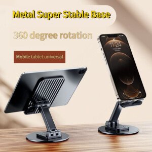 Foldable Phone Stand For Desk – Height Adjustable Cell Phone Holder Portable Cellphone Cradle Desktop Dock Metal Base 360 Degree Rotatable Compatible With Phone Tablet PC